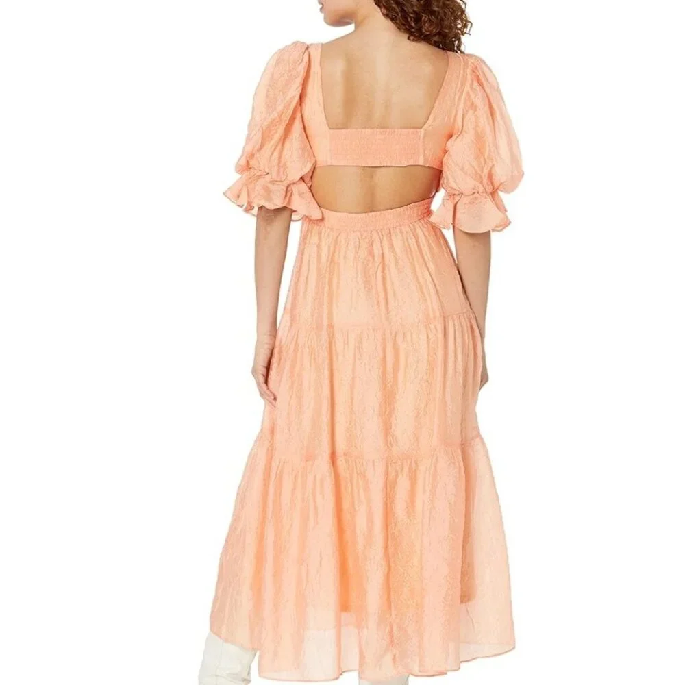 MOON RIVER Womens Sz S Puff Sleeve Tiered Back cutout Midi Dress Coral Cocktail - Picture 6 of 16